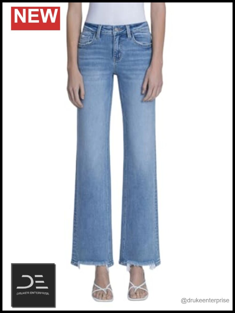 Women's Mid-Rise Slim Wide Leg Jeans Distressed Hem 32" Inseam